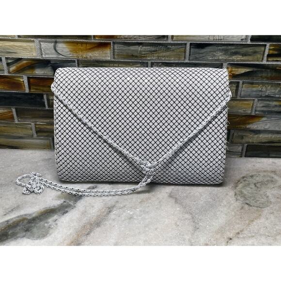 Vintage TF Tiger Metallic Purse Clutch White & Gold Art Deco Shoulder Chain - Picture 3 of 11